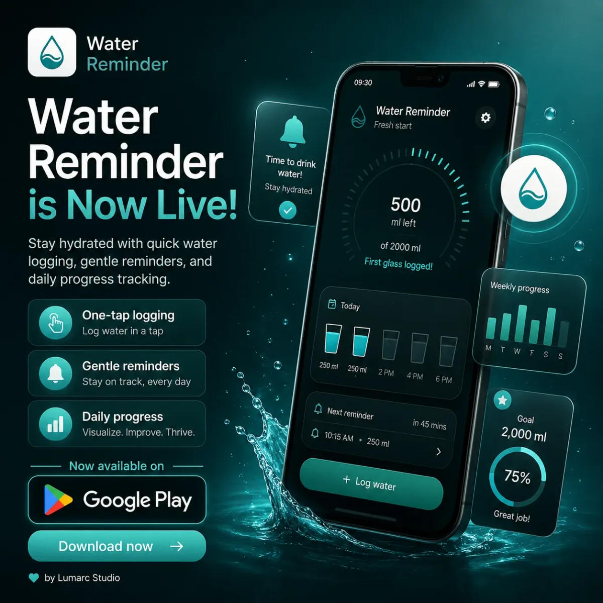 Water Reminder app screen showing hydration progress, quick logging and gentle reminders